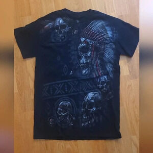 Affliction Style Indian Skulls With Headdress‎ Size Small? Black & Grey T-shirt